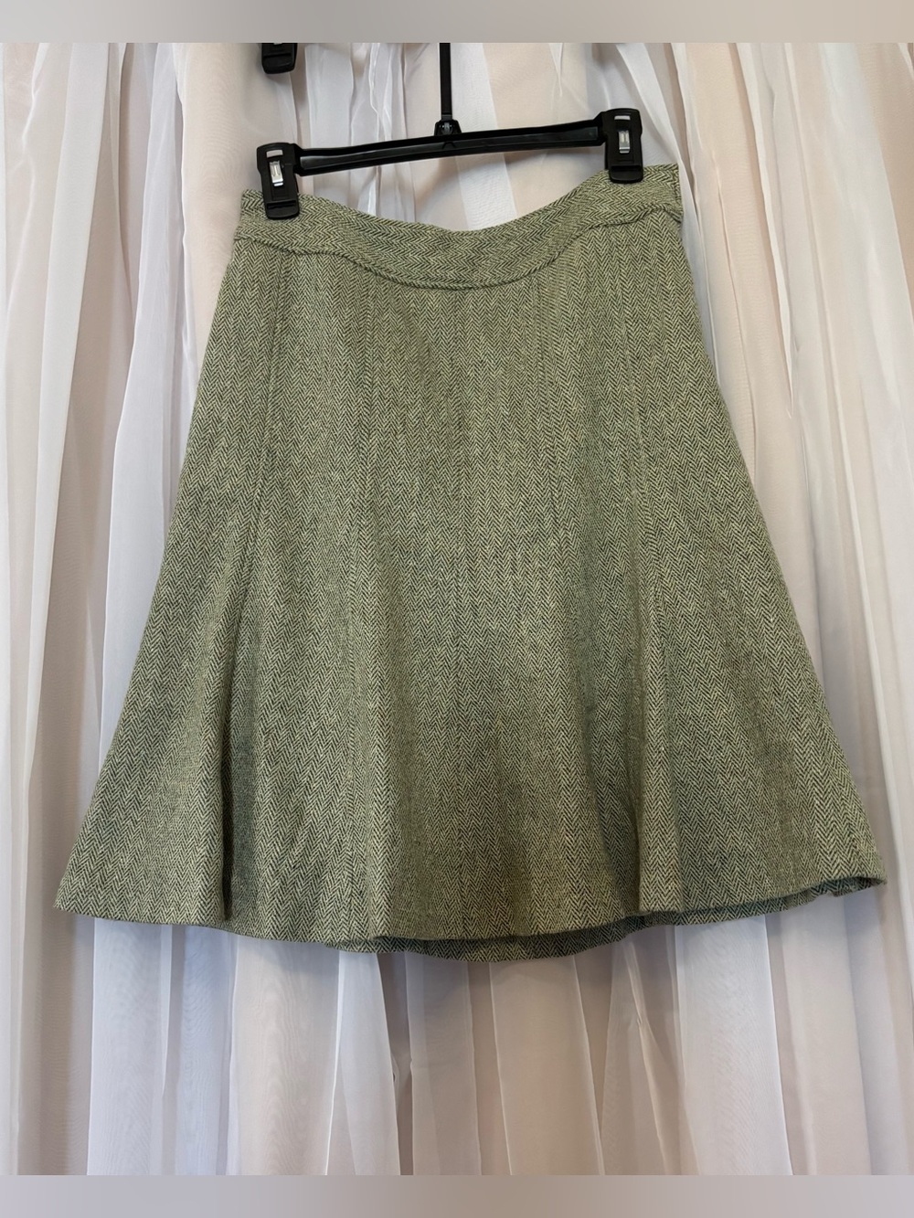 Y2K Ann Taylor Size 2 Green Herringbone Midi Skirt Teed Wool Silk Blend